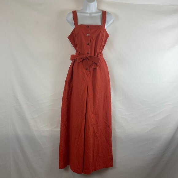 Baltic Born Jumpsuit M Muted Red Tie Waist Button Front Sleeveless Straps Pocket - Picture 1 of 14